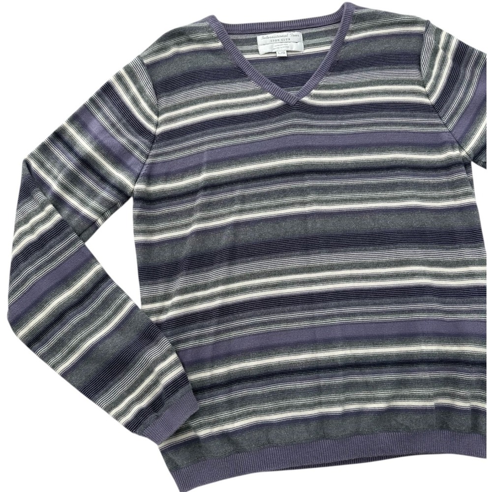 IZOD CLUB International Tour Sweater Cotton Striped V-Neck Women's Large Vintage